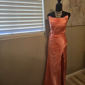 Strapless Satin Evening Gown in Coral